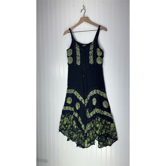 Boho Embroidered Handkerchief Hem Dress Black Green Floral Lace Trim Free Size - Picture 1 of 8